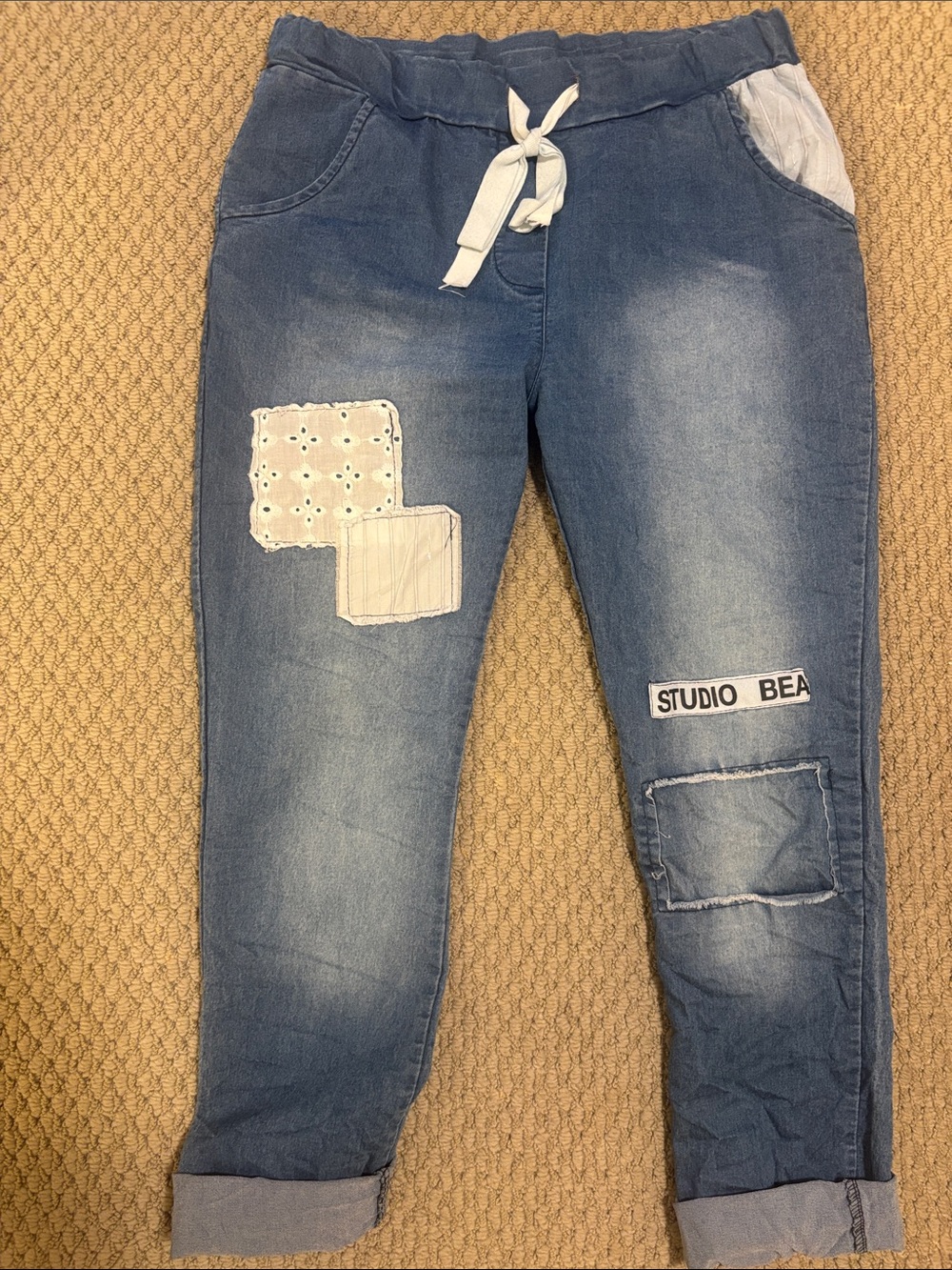 Denim Patchwork Jogger Pants with Drawstring